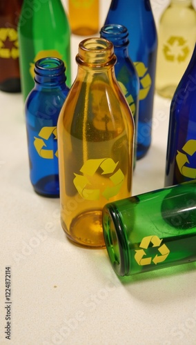 Glass bottles with yellow recycling symbols arrayed on a textured surface to promote environmental sustainability and recycling awareness Recycling Awareness Environmental Sustainability photo