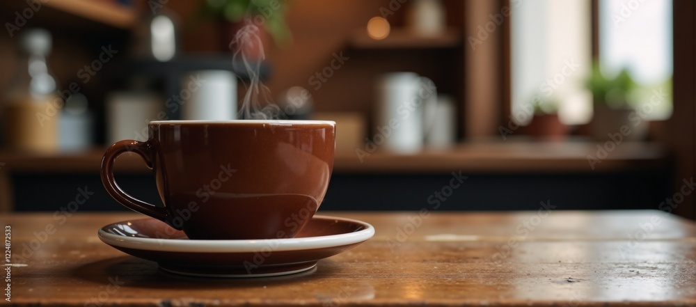 Fototapeta premium Brown coffee cup sitting on a caf table