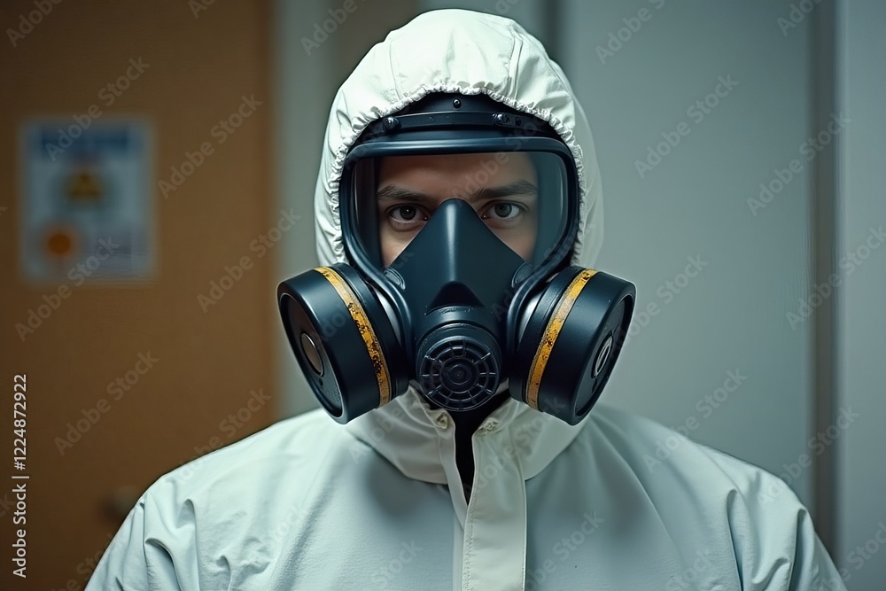 A person donned in a hazardous material suit and respirator, illustrating the essential safety measures in dealing with dangerous substances A person donned in a hazardous material suit and respirator, illustrating the essential safety measures in dealing with dangerous substances