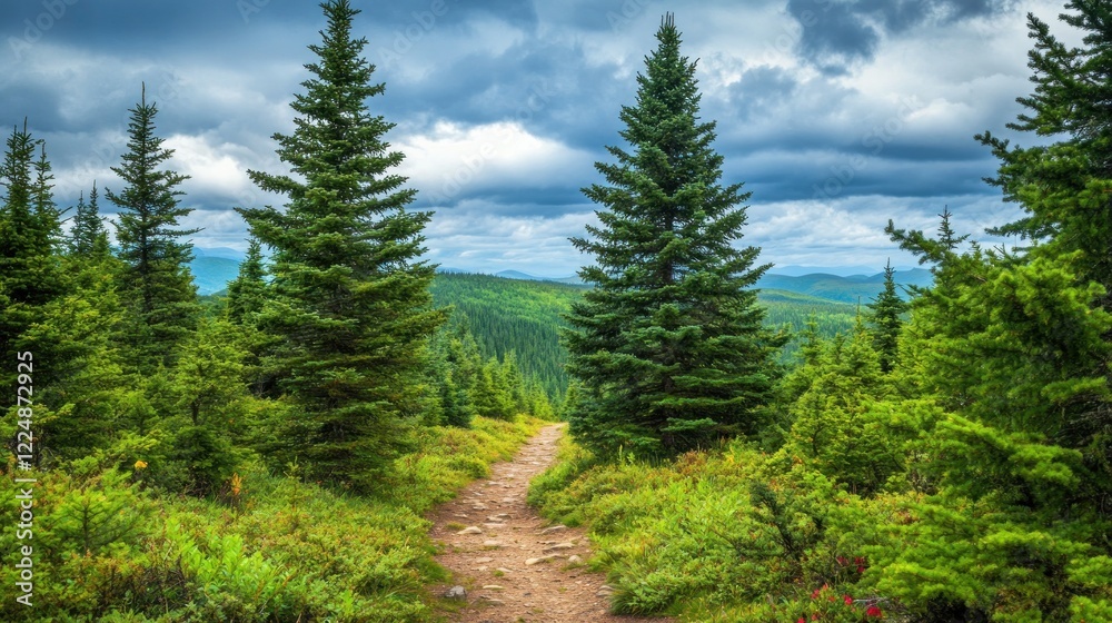 Mountain path through lush green forest with tall pine trees under a dramatic sky. Mountain path through lush green forest with tall pine trees under a dramatic sky.