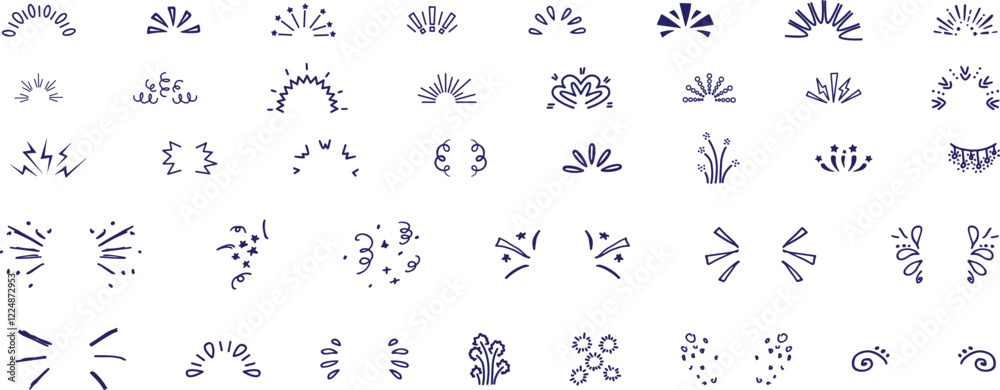 Playful wavy lines resembling spontaneous doodles. Explosive rays of surprise, hand-drawn radial lines resembling sunbeams, and scattered lines like confetti. A collection of expressive and emotional