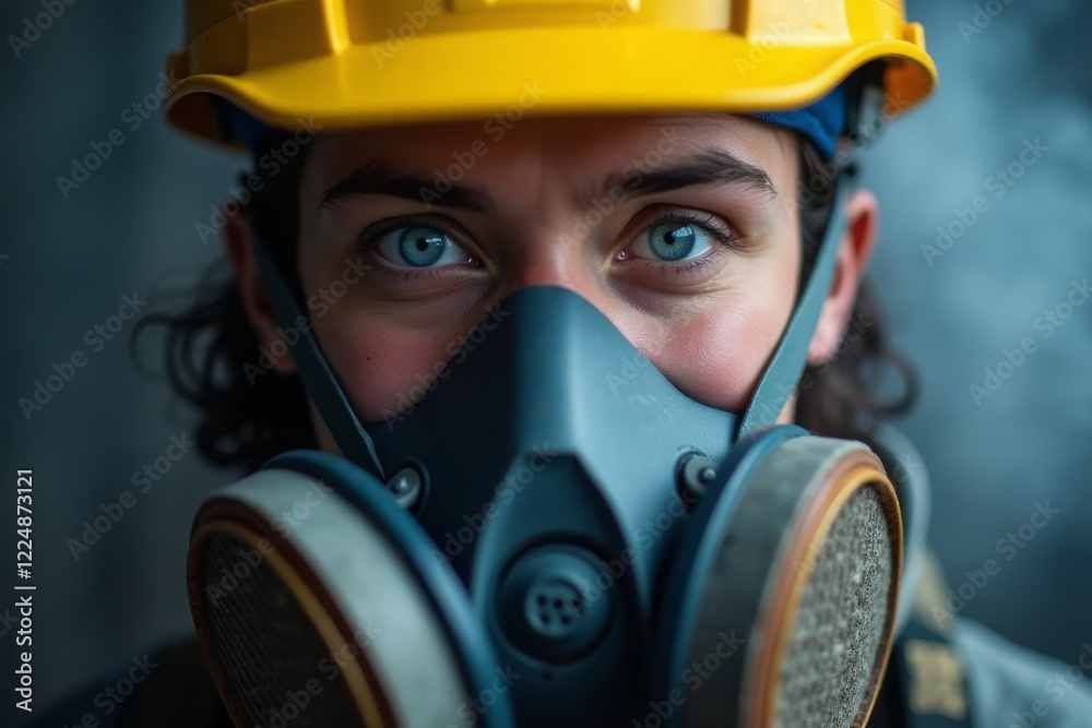 On the right, a construction worker with bright blue eyes focused, wearing a yellow protective helmet and a respirator. On the right, a construction worker with bright blue eyes focused, wearing a yellow protective helmet and a respirator.