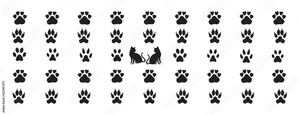 Cat Paw Dog Paw vector icon illustration. Different animal paw . Paw Prints. Black paw. Dog, puppy silhouette animal diagonal tracks for t-shirts, backgrounds, patterns, websites, showcases design Cat Paw Dog Paw vector icon illustration. Different animal paw . Paw Prints. Black paw. Dog, puppy silhouette animal diagonal tracks for t-shirts, backgrounds, patterns, websites, showcases design