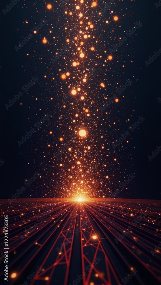 Fototapeta premium A vector-created abstraction showcases a black futuristic backdrop with dynamic waves of colorful digital particles representing big data visualization