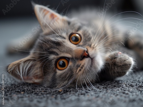 Cute cat, realistic, selfie angle, playing at home, indoor, full body, smoky grey Maine cat


 photo