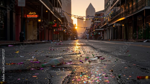 Deserted festive street at sunrise: empty urban scene with litter and glitter photo