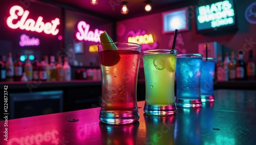 Vibrant cyberpunk bar glows with electric atmosphere as radiant neon cocktails serve up nightlife excitement photo