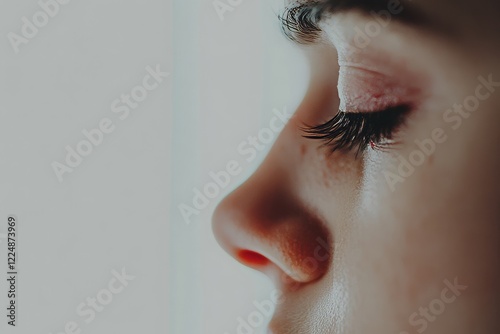 A little boy, ill with an allergy and conjunctivitis, has a closeup of his irritated, red, bloodshot eye, indicating purulent bacterial conjunctivitis photo