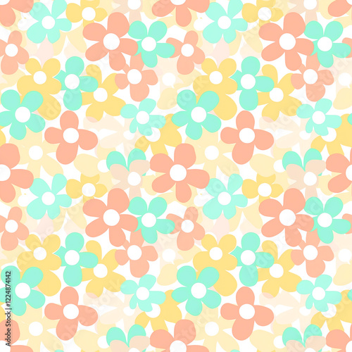 Wallpaper Mural Pastel Floral Pattern: A cheerful and vibrant seamless pattern featuring an array of pastel-colored daisies in soft peach, mint green, and pale yellow hues. Torontodigital.ca