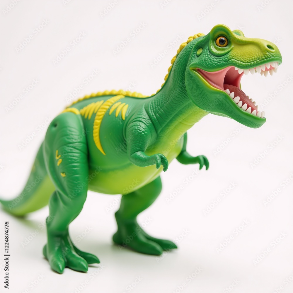Fototapeta premium A T-Rex toy open-mouthed against a white backdrop GreenYellow Dinosaurs