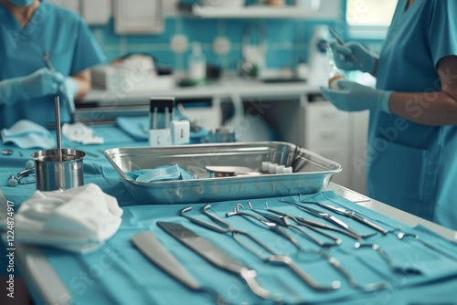 Dettagli su strumenti medici e ambiente clinico pulito, team sanitario si prepara per una operazione chirurgica