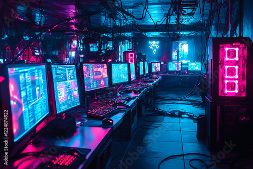 A dimly lit room with a computer displaying encrypted data on its screen. The room is filled with storage units and glowing cryptographic symbols, creating a mysterious and secure atmosphere photo