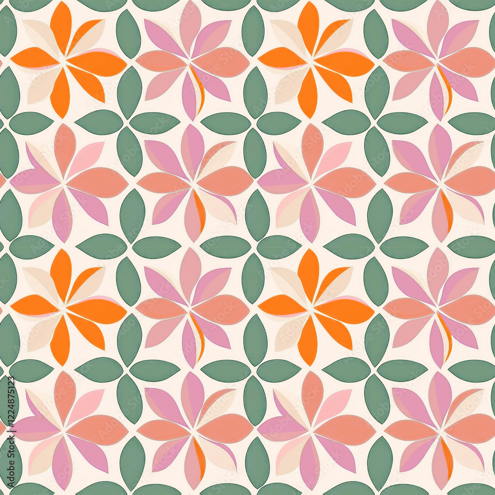 Floral Geometric Pattern: A vibrant and cheerful seamless pattern featuring stylized flowers in shades of pink, orange, and sage green, arranged in a geometric grid. Perfect for textile design. Floral Geometric Pattern: A vibrant and cheerful seamless pattern featuring stylized flowers in shades of pink, orange, and sage green, arranged in a geometric grid. Perfect for textile design.