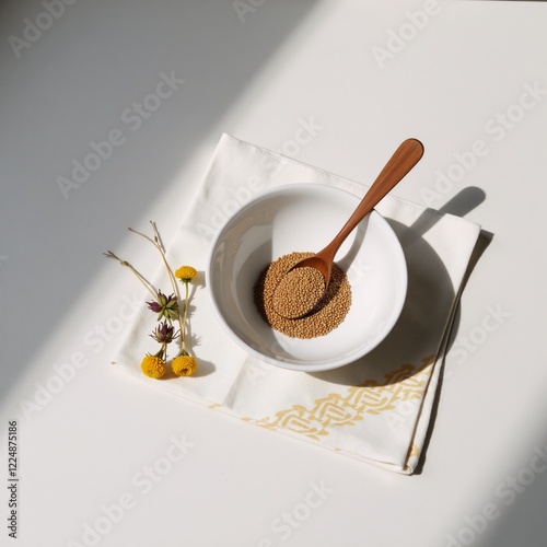 Organic food illustration featuring golden teaspoons of flaxseeds and dried flaxflowers atop a cotton napkin emphasizing vegan themes photo