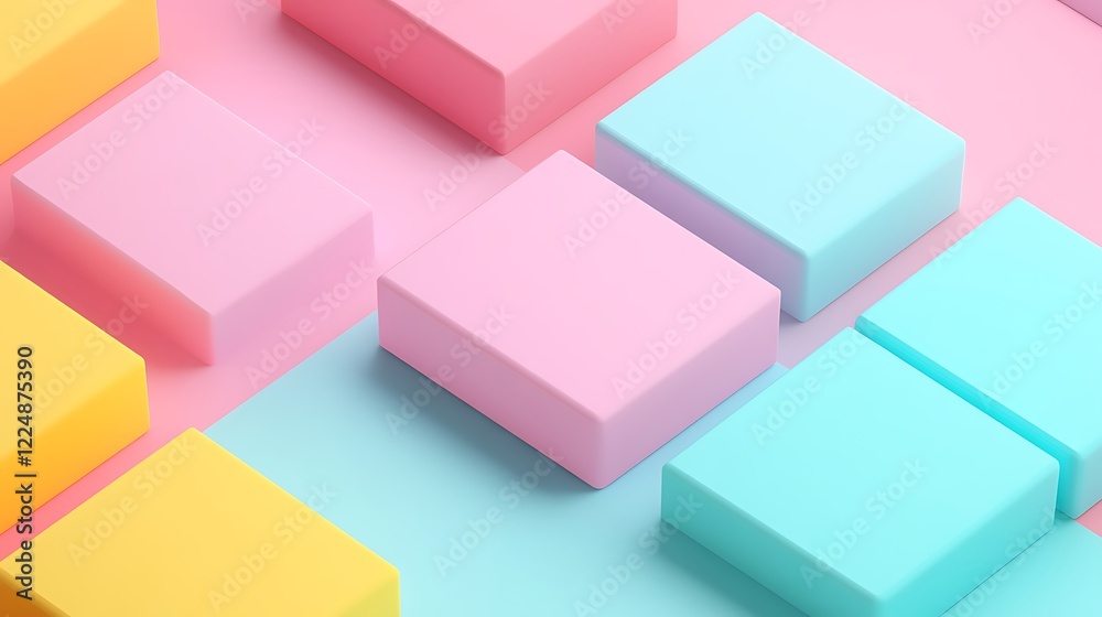 Obraz premium Vibrant Pastel Colored Geometric Shapes on Soft Pink and Blue Background for Modern Design Projects