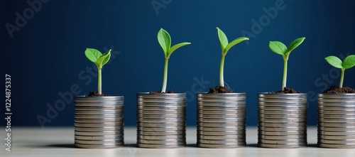 Stack of coins hosts green seedlings signifying financial growth with sustainable undertones against a backdrop of cool blue photo