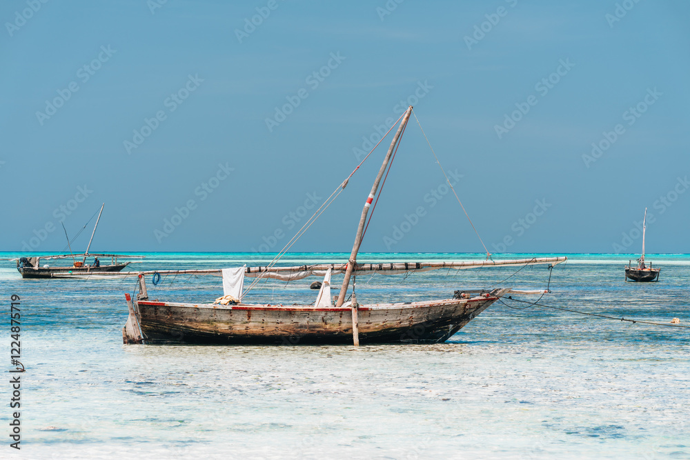 Zanzibar dhows, traditional boats, at anchor