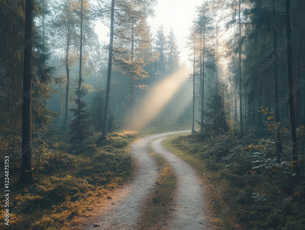 A misty forest trail winding through tall evergreen trees, with sunlight filtering through the fog. A misty forest trail winding through tall evergreen trees, with sunlight filtering through the fog.