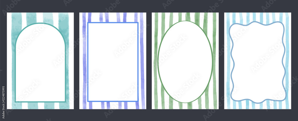 Set of vintage greeting card templates Frame border on striped background. Holiday clipart in retro coquette aesthetic