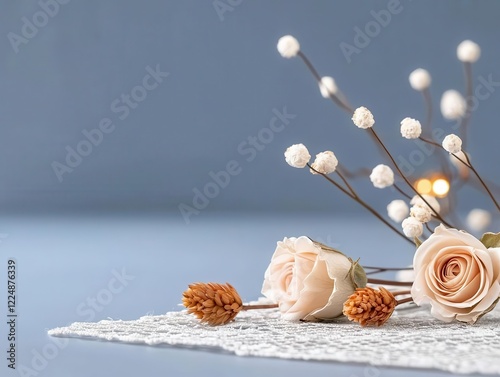 Valentine Preserved Rose Concept, Preserved roses paired with dried flowers and fairy lights, resting on a vintage lace cloth, rustic romantic vibe photo