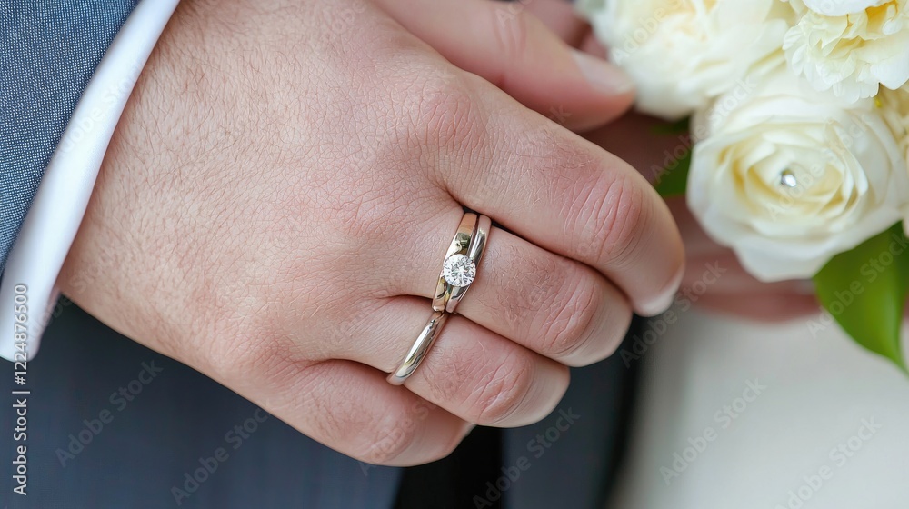 Groom's hand with wedding rings, roses bouquet, wedding ceremony Groom's hand with wedding rings, roses bouquet, wedding ceremony