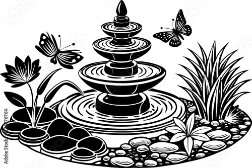 Garden with Stone Fountain and Stacked Rocks in Intricate. garden fountain with stones and plants vector illustration