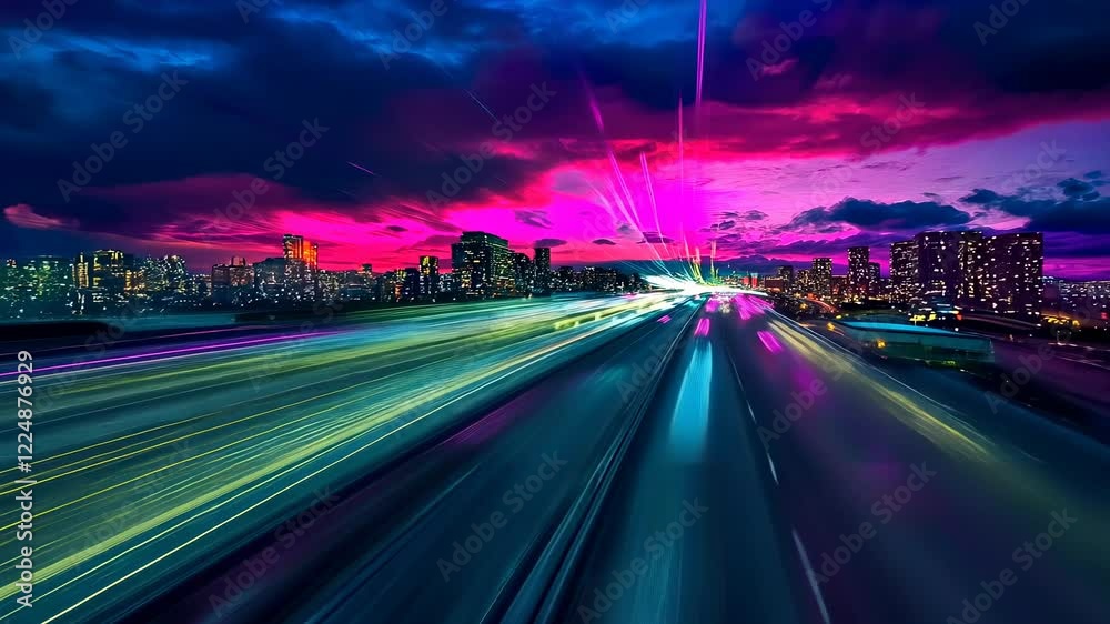 City lights streak across the image, invoking a sense of speed and futurism. Neon hues paint an urban journey. Colors blend into a vibrant night tapestry. Metropolis pulses under a galaxy of colorful