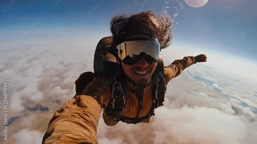 an adventure lover sky diving free fall and taking a selfie