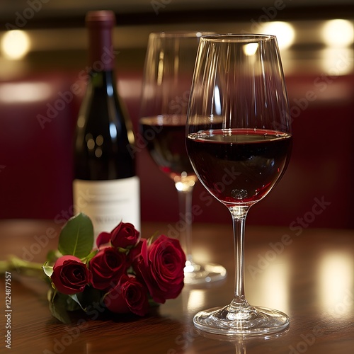Romantic dinner setting with red wine and roses.