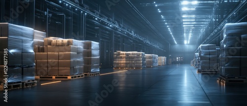 A modern warehouse interior with stacked pallets, illuminated by bright overhead lights, showcasing an organized storage environment.