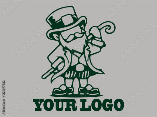 This leprechaun vector illustration features an old dwarf with a beard, a prankster leprechaun the gold pot fairy, an Irish dwarf guarding treasure, green and a leprechaum logo background
