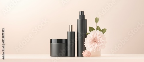 Elegant skincare products with dark packaging and soft flowers on a neutral background, evoking a sense of beauty and luxury.