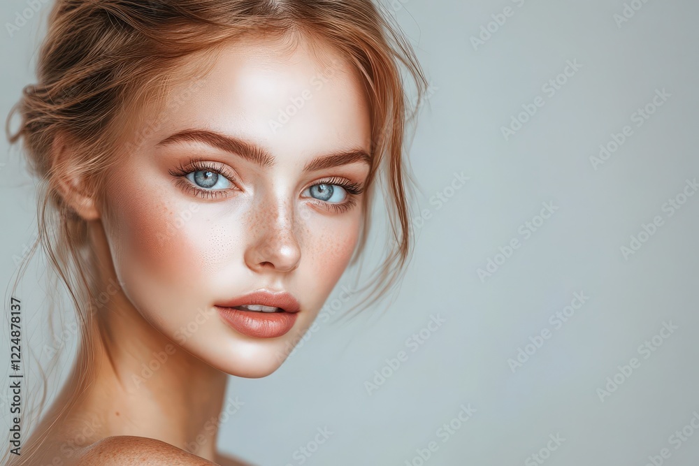 A professional headshot of a woman with clean makeup, captured in a photography studio. A professional headshot of a woman with clean makeup, captured in a photography studio.
