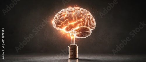 A glowing brain emerges from a light bulb base, symbolizing creativity and innovation in a dark, atmospheric setting.
