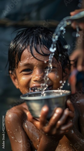 Wallpaper Mural Joyful asian child drinking water from a bowl Torontodigital.ca
