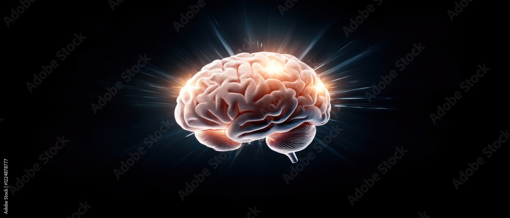 Fototapeta premium A glowing brain with radiant light effects against a dark background, symbolizing intelligence, creativity, and cognitive power.
