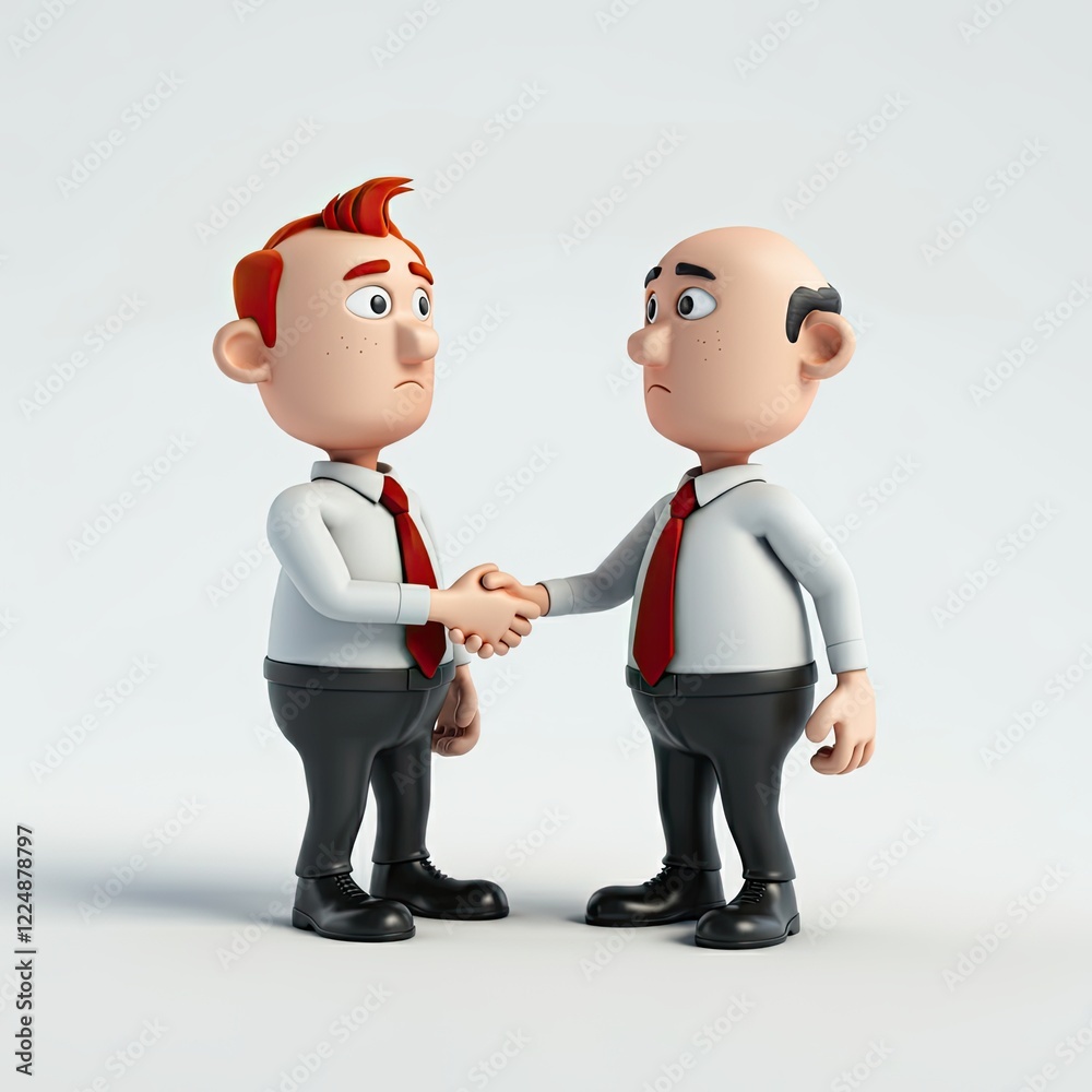 Cartoon Businessmen Shaking Hands in Professional Suits in a 3D Style, Symbolizing Partnership
Cartoon Businessmen Shaking Hands in Professional Suits in a 3D Style, Symbolizing Partnership