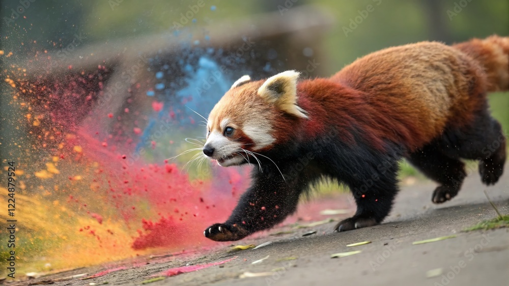 Fototapeta premium Playful Red Panda Running Amidst Colorful Paint Splatter - Vibrant Wildlife Stock Photo