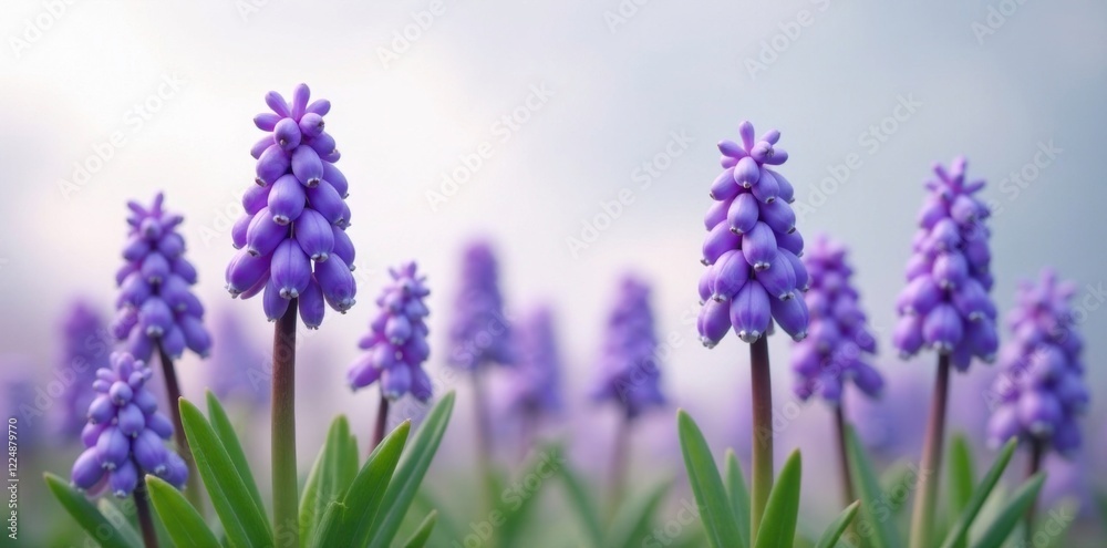 Fototapeta premium Tiny grape hyacinth blooms against a soft grey sky, bloom, purple, cloudy