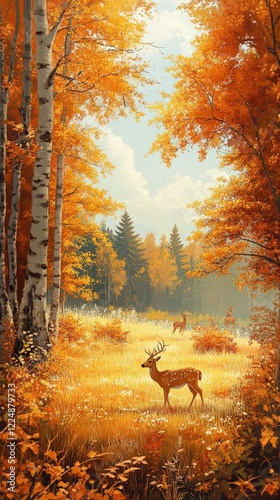 A serene cosmos meadow with grazing deer, framed by autumnal trees in shades of orange and gold.