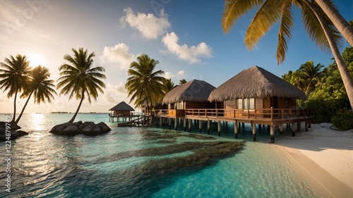 Paradiselike view of a tropical beach with thatched-roof bungalows at sunset, surrounded by palm trees and turquoise waters, creating a serene atmosphere photo