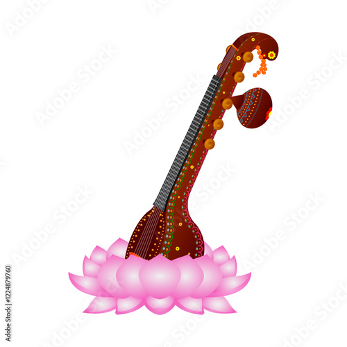 Vector illustration of Vina instrument with pink lotus on transparent background