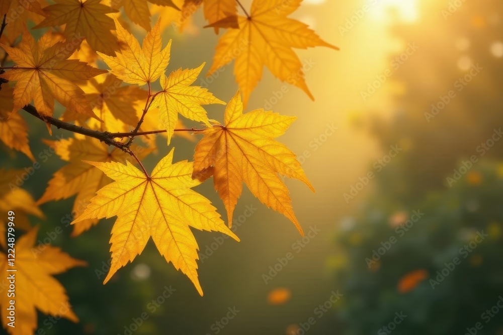 Golden autumn leaves illuminated by morning sunlight, showcasing intricate details and vibrant fall colors against a soft-focus background Golden autumn leaves illuminated by morning sunlight, showcasing intricate details and vibrant fall colors against a soft-focus background