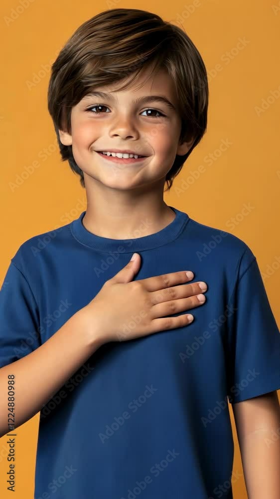 Young boy smiling while placing hand on heart against a vibrant orange background Young boy smiling while placing hand on heart against a vibrant orange background