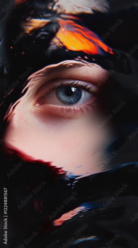 Close-up of a woman's eye partially submerged in dark water Close-up of a woman's eye partially submerged in dark water