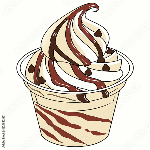 Vanilla soft serve ice cream with chocolate syrup in plastic cup isolated on white background.