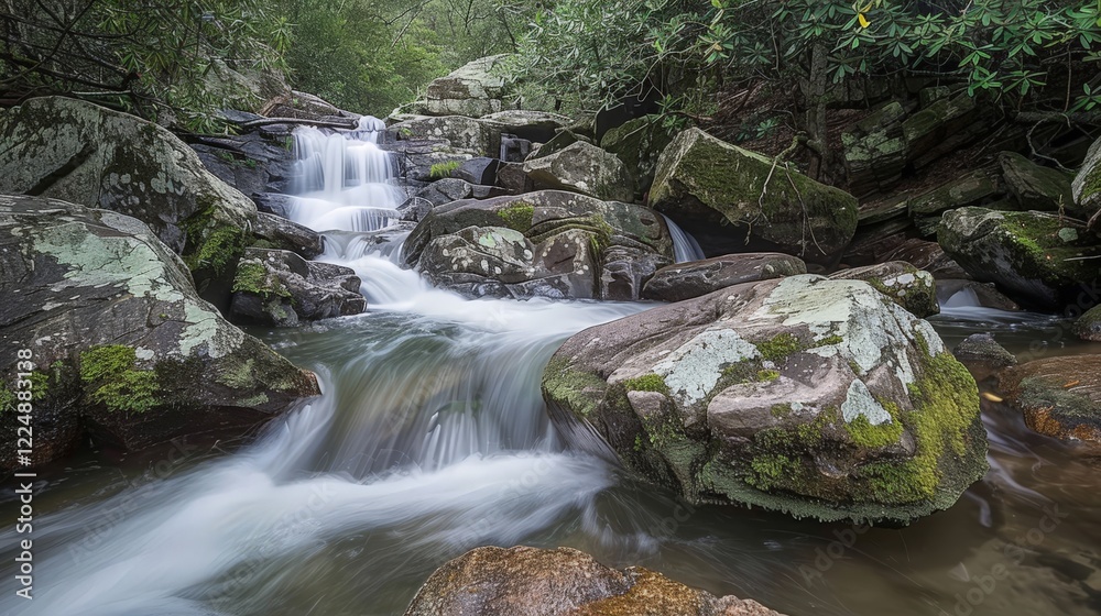 Fototapeta premium Serene waterfall cascading over moss-covered rocks in lush forest setting