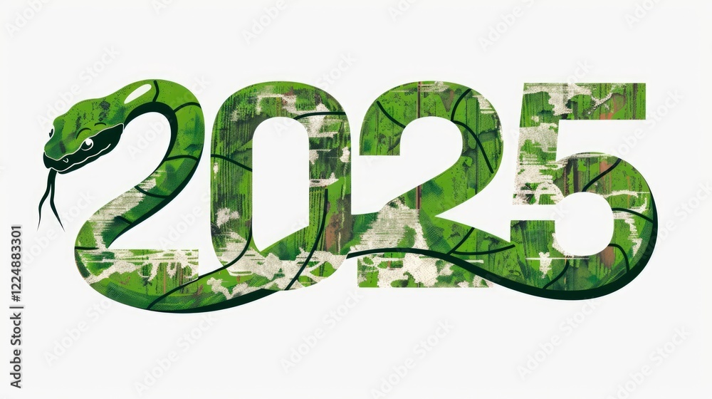 Green snake coiled around numbers representing the year 2025 isolated on white background Green snake coiled around numbers representing the year 2025 isolated on white background