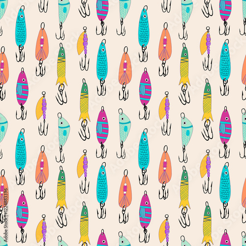 Fishing lures seamless pattern. Fishing hobby endless print. Perfect for wallpaper, fabric, wrapping, packaging, stationery, crafts, home decor, and fishing-themed gifts.