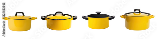 A collection of various yellow colored cooking pots pans and kitchenware neatly arranged in a modern minimalist interior setting  The cookware set is displayed against a plain background photo